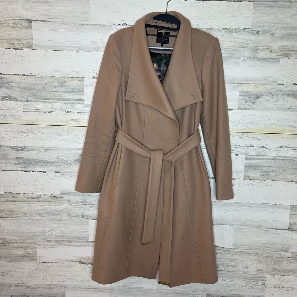 Ted Baker Taupe Beige Cashmere Wool Blend Lorili Midi Length Wrap Coat Sz US 10